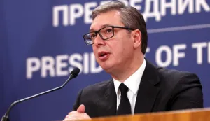 epa10678383 Serbian President Aleksandar Vucic talks during a press conference with Prime Minister Ana Brnabic in Belgrade, Serbia, 07 June 2023. Following weeks of opposition protests against violence in Serbian society, President Vucic and Prime Minister Brnabic said that an early parliamentary election could be held by the end of the year. EPA/ANDREJ CUKIC