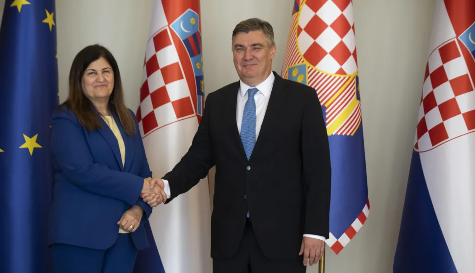 Zagreb, 27.08.2025 - Predsjednik Republike Hrvatske primio je ministricu vanjskih poslova i iseljeništva Palestine Varsen Aghabekian. Na fotografiji Varsen Aghabekian, Zoran Milanović. foto HINA/ Daniel KASAP/ dk