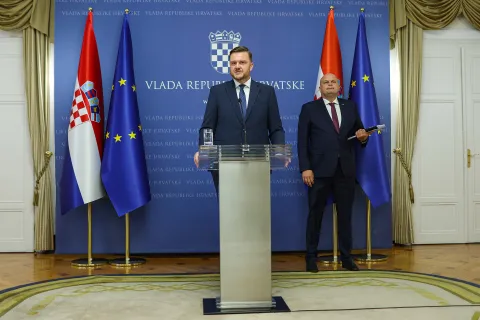 27.08.2025., Banski dvori, Zagreb - Potpredsjednik Vlade i ministar financija Marko Primorac i ministar gospodarstva Ante Susnjar odrzali su konferenciju za medije o rastu BDP-a. Photo: Goran Stanzl/PIXSELL