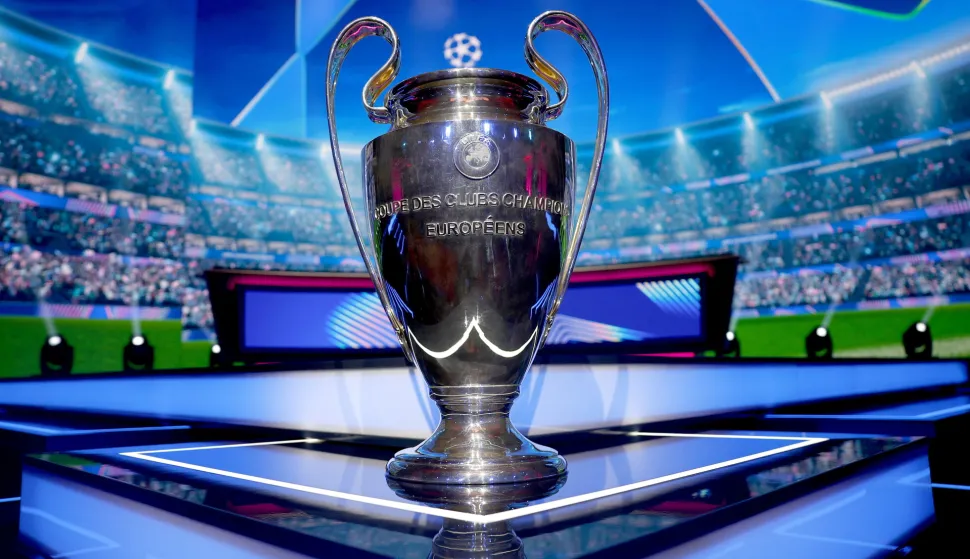 epa12329945 The UEFA Champions League on display before the UEFA Champions League league phase draw at the Grimaldi Forum in Monaco, 28 August 2025. EPA/MOHAMMED BADRA