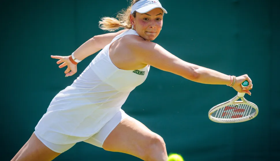 June 30: Donna Vekic (CRO) during her first round match against Kimberly Birrell (AUS) on day 1 of the Wimbledon Championship at The All England Lawn Tennis & Croquet Club, London on Monday, June 30, 2025. (Photo by Patrick Hamilton/Sipa USA) Photo: Sipa USA/SIPA USA