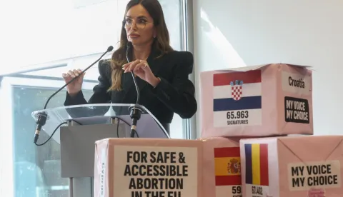 epa12342515 Croatian singer and songwriter Severina Vuckovic speaks during a press conference to announce the submission of more than one million signatures to the European Commission in support of safe and accessible abortion in Europe, in Brussels, Belgium, 01 September 2025. The 'My Voice, My Choice' pan-European movement advocating for safe and accessible abortion across the EU announced the submission of verified signatures to the European Commission, launching the formal institutional process for the initiative including a meeting with Commissioner for Equality Hadja Lahbib, a public hearing in the European Parliament and an official response to the initiative by the Commission. EPA/OLIVIER HOSLET