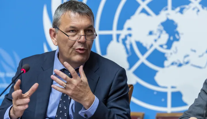 epa07273364 Philippe Lazzarini, Resident and Humanitarian Coordinator for Lebanon, speaks about the eighth year into the Syria conflict, at the European headquarters of the United Nations in Geneva, Switzerland, 10 January 2019. The UN Resident and Humanitarian Coordinator will brief on the latest developments including the socio-economic impact of the protracted crisis on host-communities and refugees EPA/MARTIAL TREZZINI