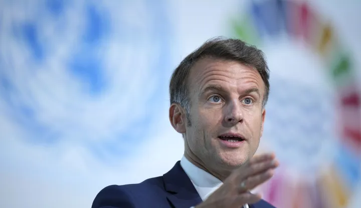 epa12166240 France's President Emmanuel Macron gestures as he speaks during the presentation of the European Pact for the Oceans at the third UN Ocean Conference, in Nice, France, 09 June 2025. EPA/LAURENT CIPRIANI/POOL MAXPPP OUT