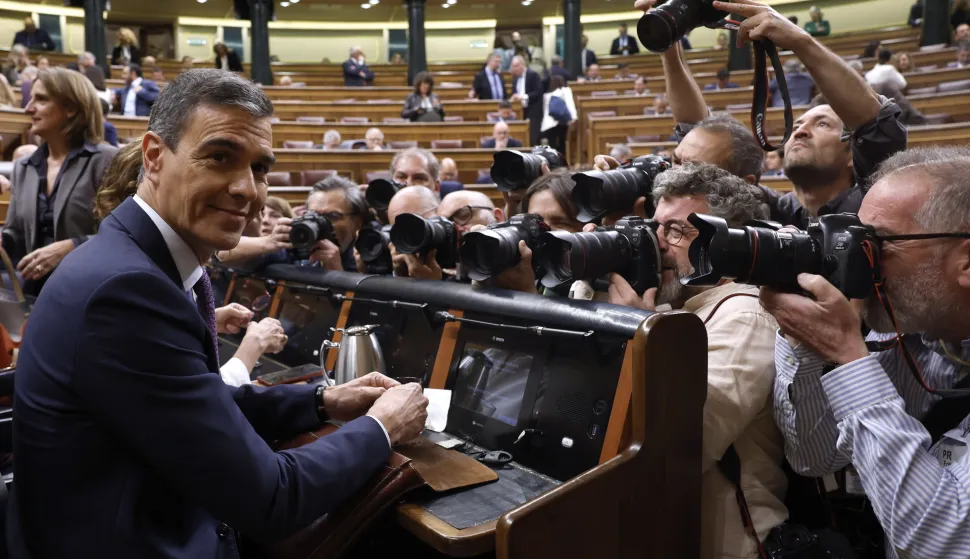 epa11359465 Spanish Prime Minister, Pedro Sanchez, attends a plenary session at the Parliament's Lower Chamber, in Madrid, Spain, 22 May 2024. Sanchez announced that Spain will recognize the state of Palestine on 28 May 2024. EPA/JJ Guillen