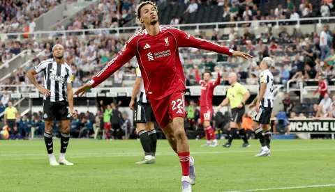 epa12322353 Hugo Ekitike of Liverpool celebrates after scoring his team's second goal during the English Premier League soccer match between Newcastle United and Liverpool FC, in Newcastle, Britain, 25 August 2025. EPA/ADAM VAUGHAN EDITORIAL USE ONLY. No use with unauthorized audio, video, data, fixture lists, club/league logos, 'live' services or NFTs. Online in-match use limited to 120 images, no video emulation. No use in betting, games or single club/league/player publications.