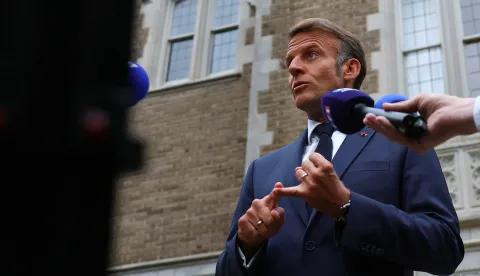 epa12308989 French President Emmanuel Macron speaks with the media after a meeting with U.S. President Donald Trump, Ukrainian President Volodymyr Zelenskiy and European leaders, amid negotiations to end the Russian war in Ukraine, at the French Embassy in Washington, DC, USA, 18 August 2025. European Leaders are at the White House in support of President Zelenskyy following President Trump's meeting with President Vladimir Putin of Russia in Anchorage, Alaska, USA, on 15 August 2025. EPA/YVES HERMAN/POOL