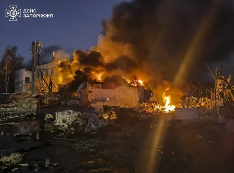 epa12335629 A handout photo released by the press service of the State Emergency Service (SES) of Ukraine shows Ukrainian rescuers working at the site of a Russian strike in Zaporizhzhia, southeastern Ukraine, 30 August 2025, amid the Russian invasion. At least one person was killed and 22 others were injured, including three children, after Russian forces launched an overnight attack on Zaporizhzhia and surrounding areas, SES said. According to Ukrainian authorities, a large-scale attack across Ukraine was launched with around 540 drones, 8 ballistic missiles, and 37 other types of missiles. EPA/STATE EMERGENCY SERVICE OF UKRAINE HANDOUT -- BEST QUALITY AVAILABLE -- MANDATORY CREDIT: STATE EMERGENCY SERVICE OF UKRAINE -- HANDOUT EDITORIAL USE ONLY/NO SALES