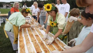 06.09.2025., Ozalj - U Jaskovu, selu strudle oborili su GUINNESS WORLD RECORD za najduzu strudlu na svijetu s duzinom od 3136 metara odnosno 8940 komada. Za pripremu strudle potrosili su 1,8 tona brasna, 1,8 tona jabuka, 30 kg vanilin secera, 30 kg cimeta, 230 litara ulja i 400 kilograma secera. Strudle je peklo pet gospoda koja su ju danima mijesile. Stkinja za GUINNESS WORLD RECORD bila je Paulina Sapinska koja je organizatorima dodijelila certifikat. Photo: Kristina Stedul Fabac/PIXSELL
