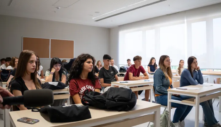 Osijek, 08. 09. 2025., Prvi dan škole u novoj I. Gimnaziji u Strossmayerovojučenici; učenik; škola; srednjoškolci; srednjoškolac; školske klupe; gimnazija