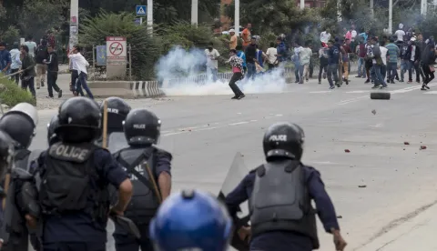 epa06901996 Activists of the Nepali Congress Party clash with riot police during an anti-government protest rally in Kathamndu, Nepal, 21 July 2018. The main opposition Nepali Congress has announced a series of protests against the KP Sharma-led governmentâ€™s 'authoritarian' rule. The Congress party demands the government to fulfill the demands of social activist and reformer Dr Govinda KC. Who has been on an indefinite hunger strike since June 30 pressing for reforms in the countryâ€™s medical education. EPA/NARENDRA SHRESTHA