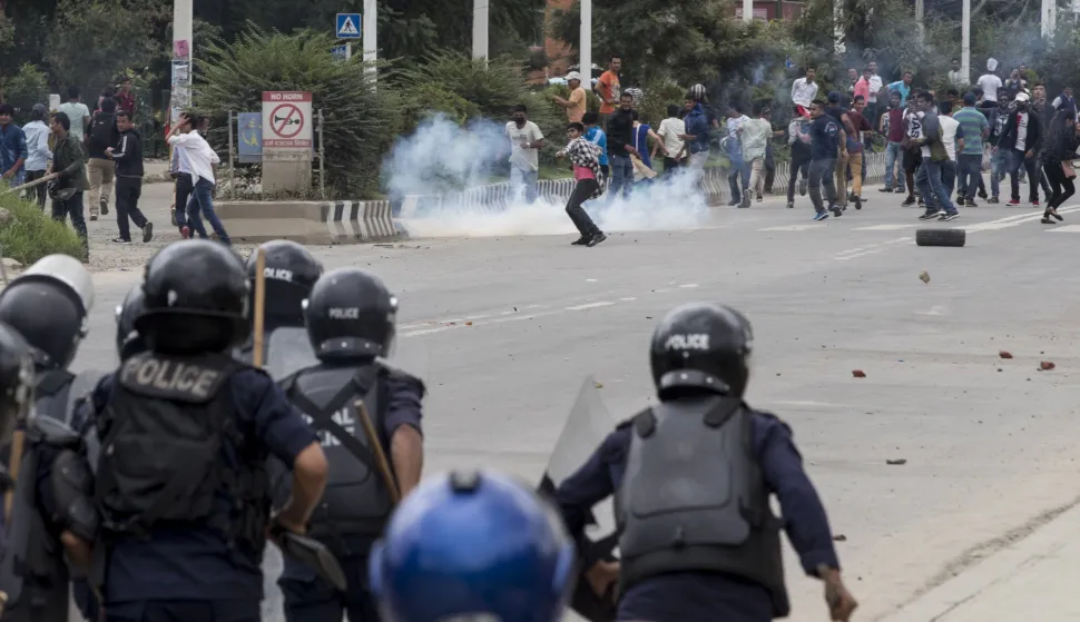 epa06901996 Activists of the Nepali Congress Party clash with riot police during an anti-government protest rally in Kathamndu, Nepal, 21 July 2018. The main opposition Nepali Congress has announced a series of protests against the KP Sharma-led governmentâ€™s 'authoritarian' rule. The Congress party demands the government to fulfill the demands of social activist and reformer Dr Govinda KC. Who has been on an indefinite hunger strike since June 30 pressing for reforms in the countryâ€™s medical education. EPA/NARENDRA SHRESTHA