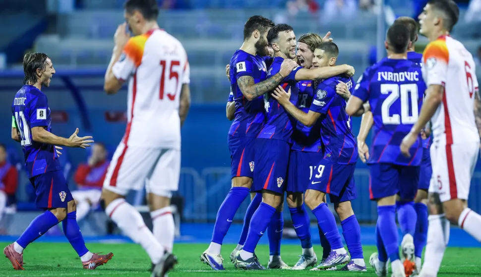 08.09.2025., stadion Maksimir, Zagreb - Kvalifikacije za FIFA Svjetsko nogometno prvenstvo 2026., skupina L, Hrvatska - Crna Gora. Nogometsi Hrvatske slave pogodak Kristijana Jakica za vodstvo 1:0. Duje Caleta Car, Ivan Perisic, Kristijan Jakic, Andrej Kramaric Photo: Slavko Midzor/PIXSELL