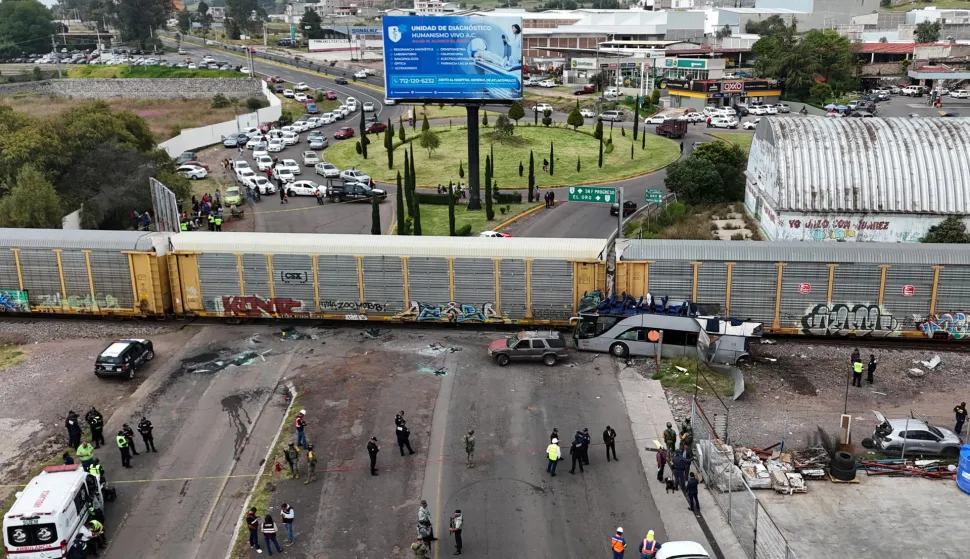 (250908) -- ATLACOMULCO(MEXICO), Sept. 8, 2025 (Xinhua) -- This aerial drone photo taken on Sept. 8, 2025 shows the accident site in the Atlacomulco municipality, the State of Mexico, Mexico. At least eight people were killed and 45 others injured early Monday when a double-deck passenger bus was hit by a train in central Mexico, authorities said. (Ramses Mercado/El Sol de Toluca via Xinhua) Photo: Li Mengxintonglian/XINHUA