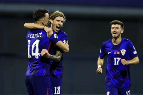 Zagreb, 08.09.2025 - Kvalifikacijska utakmica skupine L za odlazak na Svjetsko nogometno prvenstvo 2026. Hrvatska - Crna Gora. Na slici Kristijan Jakić slavi postignuti zgodtiak.foto HINA/ Damir SENČAR/ ds