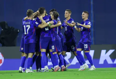 Zagreb, 08.09.2025 - Kvalifikacijska utakmica skupine L za odlazak na Svjetsko nogometno prvenstvo 2026. Hrvatska - Crna Gora. Na fotografiji slavlje igrača hrvatske nagon postignutog zgoditka.foto HINA/ Admir Buljubašić/ abu
