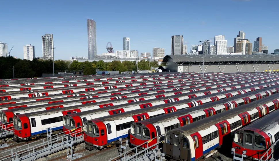 epa12364092 An aerial picture taken with a drone shows London Underground tube trains parked at Stratford Market Depot as the second day of the Tube strike keeps nearly all of London's Underground and DLR services shut in London, Britain, 09 September 2025. Members of the Rail, Maritime And Transport union (RMT) are staging a four-day walkout from 07 to 11 September after rejecting a 3.4 percent pay rise and demanding their 35-hour week be reduced to a 32-hour week to improve their working conditions. EPA/TOLGA AKMEN