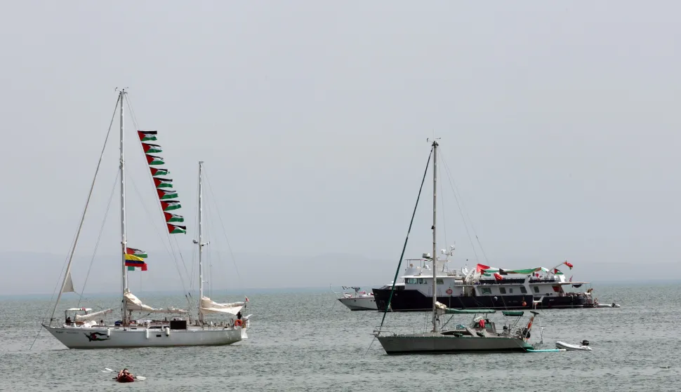 epa12364871 Vessels, part of the Global Sumud Flotilla, off the coast of Sidi Bou Said, one day after a drone attack on one of the humanitarian ships in Tunisian waters off Tunis, Tunisia, 09 September 2025. The Global Sumud Flotilla (GSF) for Gaza announced on 09 September that one of its main vessels was reportedly targeted by a drone while in Tunisian waters. The six people on board, both passengers and crew, were not injured. According to the WFTU statement, the ship, which sails under the Portuguese flag and carries the initiative's steering committee, suffered damage following a fire affecting the main deck and a storage area. Tunisian authorities rejected the theory of an airstrike, saying that, according to a first inspection, the explosion that caused the fire probably started inside the ship. EPA/MOHAMED MESSARA