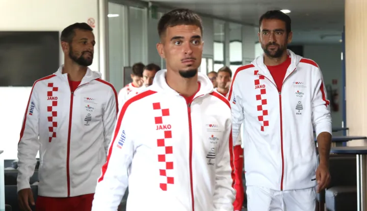 Osijek, 08. 09. 2025, SD Gradski vrt, press konferencija Hrvatske teniske reprezentacje uoči Davis Cup meča Hrvatska - Francuska. Mate Pavić, Dino Prižmić i Marin Čilič.snimio GOJKO MIITĆ