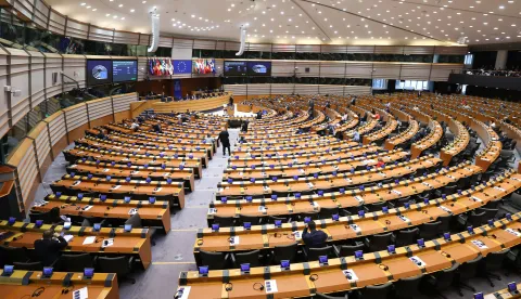 epa12123040 A general view of the hemicycle during a debate titled 'The EU's response to the Israeli government's plan to seize the Gaza Strip, ensuring effective humanitarian support and the liberation of hostages' as part of a plenary session at the European Parliament in Brussels, Belgium, 21 May 2025. The European Parliament's plenary session in Brussels runs from 21 to 22 May 2025. EPA/OLIVIER HOSLET