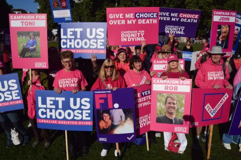 Protesters hold placards in support of the Assisted Dying Bill and pictures of family members during the demonstration. Campaigners from the group Dignity In Dying and supporters of the Assisted Dying Bill gathered in Parliament Square as the bill was debated in the House of Lords. The bill would allow eligible terminally ill people to end their lives. (Photo by Vuk Valcic/SOPA Images/Sipa USA) Photo: SOPA Images/SIPA USA