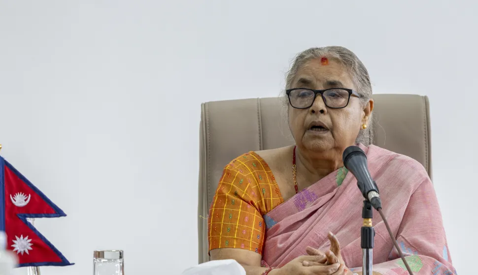 epa12375464 Nepal's new Interim Prime Minister Sushila Karki attends a briefing meeting with the Nepalese government's secretariats and security heads during her first day at the prime minister's office in Kathmandu, Nepal, 14 September 2025. Former Chief Justice Sushila Karki became Nepal's first female prime minister following a consensus between Gen-Z protesters, the president, and the army. EPA/NARENDRA SHRESTHA