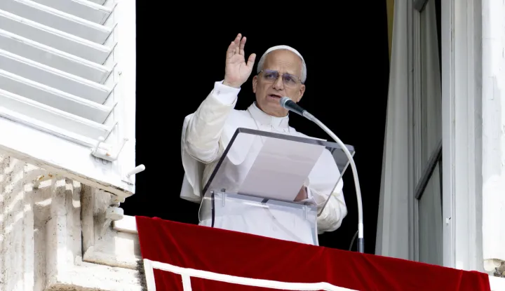 epa12375771 A handout picture provided by the Vatican Media shows Pope Leo XIV leading the Angelus prayer in St. Peter's Square on his 70th birthday, in Vatican City, 14 September 2025. EPA/VATICAN MEDIA HANDOUT HANDOUT EDITORIAL USE ONLY/NO SALES