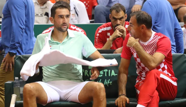 Osijek, 12. 09. 2025, SD Gradski vrt,i Davis Cup meč Hrvatska - Francuska, prvi dan. Marin Čilič i Ivan Dodig.snimio GOJKO MITIĆ