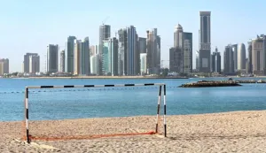 epa06052571 (FILE) - A football goal at a beach in front of the skyline of Doha, Qatar, 21 April 2015 (reissued on 27 June 2017). The report by then FIFA chief ethics investigator Michael J. Garcia on Qatar's successful FIFA World Cup 2022 bid has been leaked after German newspaper Bild published details on 27 June 2017, surfacing new corruption claims against the 2010 bidding contest. EPA/KARL-JOSEF HILDENBRAND GERMANY OUT