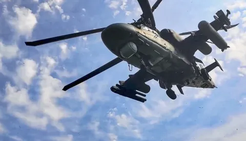 epa12370965 A still image taken from a handout video provided by the Russian Defence Ministry press service on 12 September 2025 shows a Russian Ka-52 attack helicopter taking part in the Zapad-2025 joint military drills at an undisclosed location in Belarus. The 'Zapad 2025' joint strategic military exercise will be conducted by the Russian and Belarusian armed forces from 12 to 16 September 2025. EPA/RUSSIAN DEFENCE MINISTRY PRESS SERVICE HANDOUT HANDOUT EDITORIAL USE ONLY/NO SALES