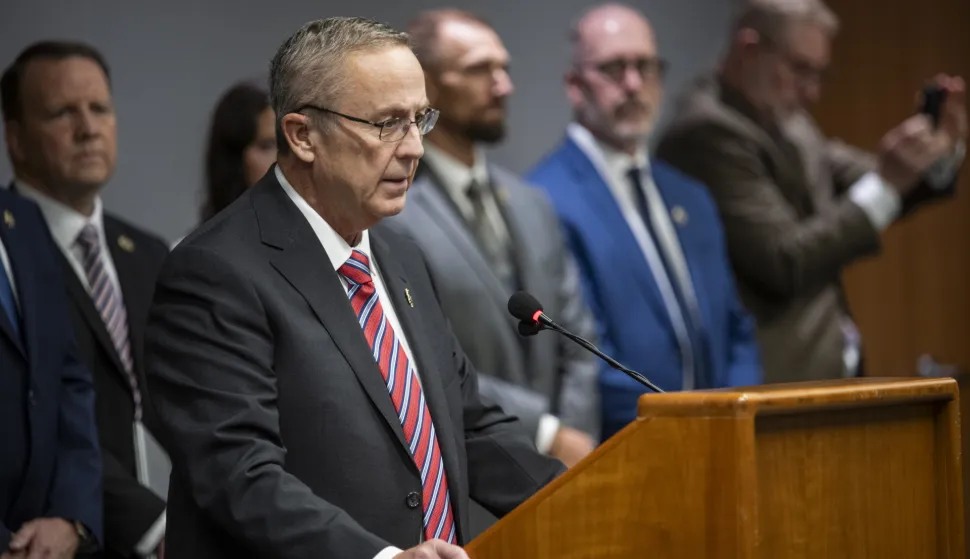 epa12383387 Utah County Attorney Jeff Gray speaks during a press conference outlining the charges against Tyler James Robinson at the Utah County Health and Justice Building in Provo, Utah, USA, 16 September 2025. Robinson was arrested and booked into the Utah County Jail on suspicion of committing three crimes related to the murder of Charlie Kirk on 10 September 2025, at Utah Valley University in Orem, Utah. EPA/MARIELLE SCOTT