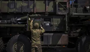 epa09937887 A German soldier works during presentation of how it works at the launching station of NATO's Patriot missile air defense system operated by German army unit Flugabwehrraketengruppe 26 (Air Defense Artillerie) placed at Sliac airbase in Sliac, central Slovakia, 10 May 2022. A Dutch-German air and missile defence forces deployed Patriot system in spring 2022 to reinforce defence capabilities on Eastern NATO border following Russia's military invasion in Ukraine, as mainly military mission is protection of Sliac air base and additional assets. NATO multinational air missile defence task force Slovakia operate on the site with 240 German soldiers and with 130 Dutch soldiers. EPA/MARTIN DIVISEK
