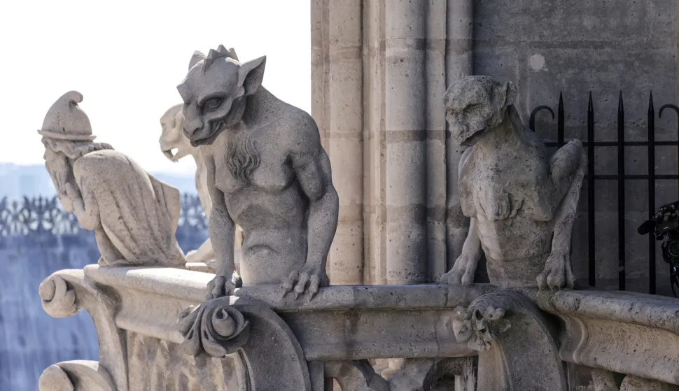epa12389956 Chimeras of Notre-Dame cathedral, taken during the inauguration ceremony of the new tour route of the Cathedral Towers Gothic structures destroyed following the April 2019 fire, as part of the 42nd edition of the European Heritage Days in Paris, France, 19 September 2025. The 15 April 2019 fire destroyed the roof and steeple of the 850-year-old Gothic Cathedral. Notre Dame Cathedral reopened in December 2024 for services and visits. EPA/LUDOVIC MARIN/POOL MAXPPP OUT