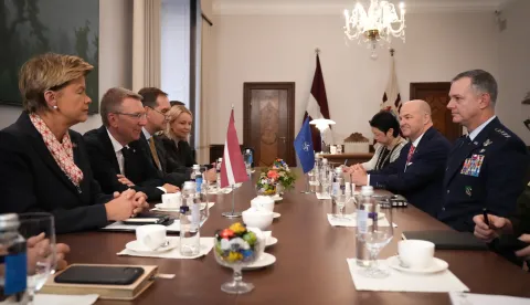 epa12370737 A handout photo made available by the Latvian President's Office shows Latvian President Edgars Rinkevics (2-L), Foreign Minister Baiba Braze (L) and NATO Supreme Allied Commander Europe Alexus Grynkewich (R) during a meeting in Riga, Latvia, 12 September 2025. EPA/ILMARS ZNOTINS HANDOUT HANDOUT EDITORIAL USE ONLY/NO SALES