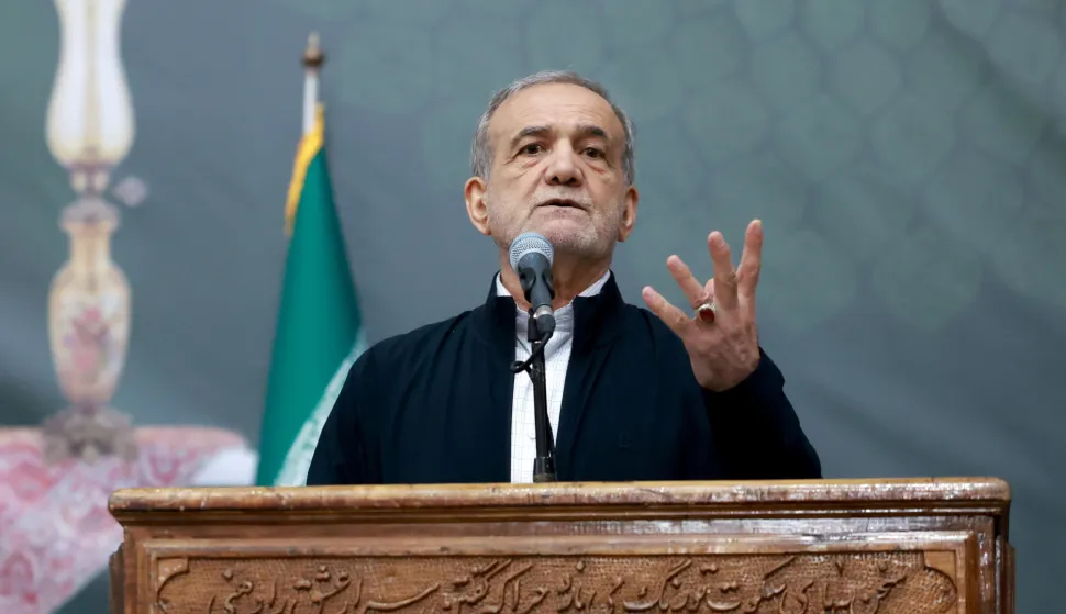 epa12153748 A handout photo made available by the Iranian presidential office shows Iranian President Masoud Pezeshkian speaking during a ceremony on the occasion of the 36th death anniversary of Ayatollah Ruhollah Khomeini at the Khomeini shrine in Tehran, Iran, 03 June 2025. On 02 June 2025, Trump stated he ruled out allowing Iran to enrich uranium under a potential new nuclear deal between Iran and the US. According to the IRNA news agency, Pezeshkian said on 03 June 2025, that Iran would not accept this condition and would not relinquish its peaceful right to enrich uranium. EPA/IRANIAN PRESIDENTIAL OFFICE/HANDOUT HANDOUT EDITORIAL USE ONLY/NO SALES