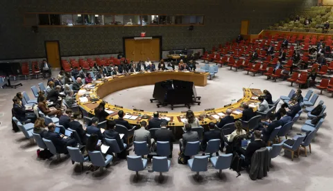 epaselect epa12018216 Members of the United Nations Security Council listen to Tom Fletcher, United Nations Under-Secretary-General for Humanitarian Affairs and Emergency Relief Coordinator, during a UN Security Council meeting called following a recent missile strike by Russia on a residential area in Ukraine, at the United Nations headquarters in New York, New York, USA, 08 April 2025. EPA/JUSTIN LANE