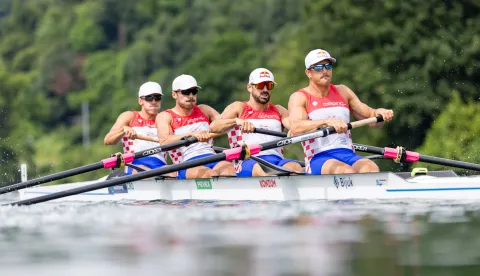 epa12200701 Patrik Loncaric, Anton Loncaric, Martin Sinkovic and Valent Sinkovic of Croatia, from left, compete in the Men's Four heat on the first day of the 2025 World Rowing Cup at Rotsee in Lucerne, Switzerland, 27 June 2025. EPA/PHILIPP SCHMIDLI
