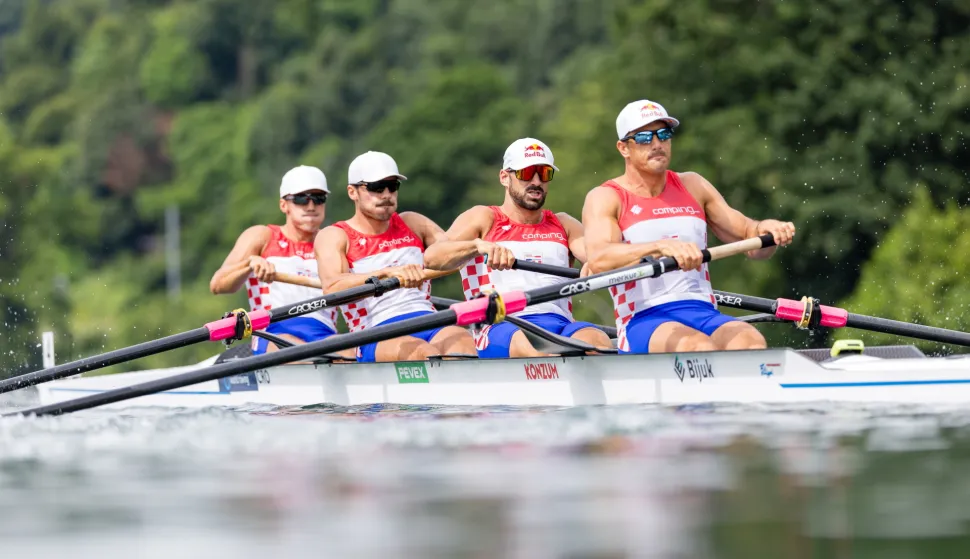 epa12200701 Patrik Loncaric, Anton Loncaric, Martin Sinkovic and Valent Sinkovic of Croatia, from left, compete in the Men's Four heat on the first day of the 2025 World Rowing Cup at Rotsee in Lucerne, Switzerland, 27 June 2025. EPA/PHILIPP SCHMIDLI