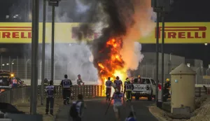 epa08850800 Flames on the crash site of French Formula One driver Romain Grosjean of the Haas F1 Team during the start of the Formula One Grand of Bahrain on the Bahrain International Circuit in Sakhir, Bahrain, 29 November 2020. EPA/Kamran Jebreili/Pool