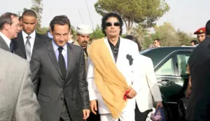 epa06615387 (FILE) - Libyan President Muammar Gaddafi (R) and French President Nicolas Sarkozy at his arrival at Bab Azizia Palace in Tripoli, Libya, 25 July 2007, (reissued 20 March 2018). Media reports on 20 March 2018 state that former French president is being questioned in connection to alleged Libyan financing for his 2007 election campaign. EPA/SABRI ELMHEDWI