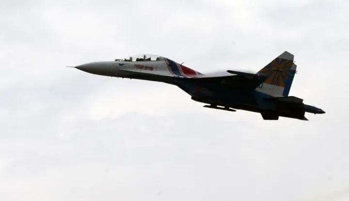epa07143335 (FILE) - A Russian Su-27 combat aircraft performs during the International Maritime Defence Show in St. Petersburg, Russia, 07 July 2013 (reissued 05 November 2018). According to reports, the US Navy accuses Russia of an 'irresponsible' and 'unsafe' interception of one of its EP-3E Aries aircraft over the Black Sea. EPA/ANATOLY MALTSEV