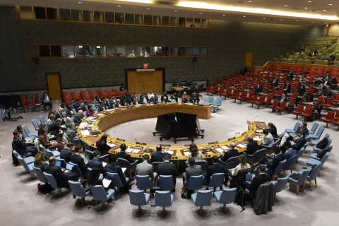 epaselect epa12018216 Members of the United Nations Security Council listen to Tom Fletcher, United Nations Under-Secretary-General for Humanitarian Affairs and Emergency Relief Coordinator, during a UN Security Council meeting called following a recent missile strike by Russia on a residential area in Ukraine, at the United Nations headquarters in New York, New York, USA, 08 April 2025. EPA/JUSTIN LANE