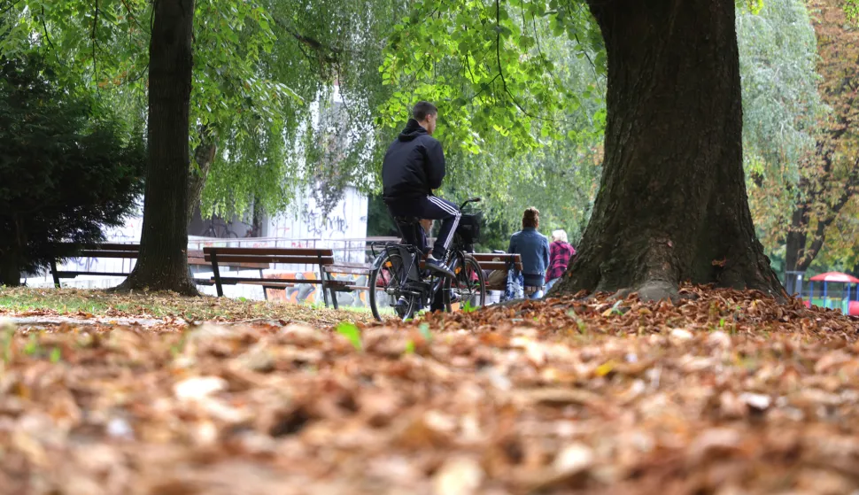 Osijek, 24. 09. 2025., Sjenjak, slobodnjak, slobodnjaci, jesen; boje jeseni; jutarnji đir po Sjenjaku; biciklist; biciklistiSNIMIO BRUNO JOBST