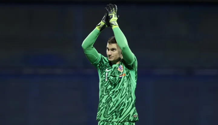 Zagreb, 08.09.2025 - Kvalifikacijska utakmica skupine L za odlazak na Svjetsko nogometno prvenstvo 2026. Hrvatska - Crna Gora. Na slici Dominik Livaković slavi pobjedu.foto HINA/ Damir SENČAR/ ds