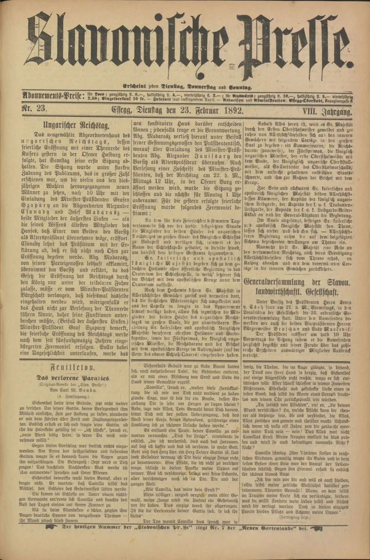 MAGAZIN BENDANaslovnica_Slavonische_Presse_s_feljtonom_Carla_M__Bende.