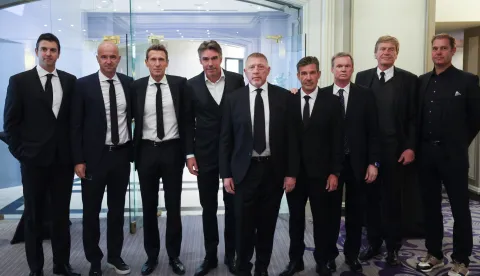 Zagreb, 29.09.2025 - Komemoracija za Nikolu Pilića u hotelu Sheraton u Zagrebu. Na slici Mario Ančić, Ivan Ljubičić, Patrik Kuehnen, Michael Stich, Boris Becker, Carl-Uve Steeb, Erik Jelen, Dietloff von Arnim, Marc-Kevin Goellner.foto HINA/ Damir SENČAR/ ds