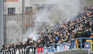 02.04.2025., Gradski stadion "Ivan Kusek Apas", Koprivnica - SuperSport Hrvatski nogometni kup 2024./25., polufinale, NK Slaven Belupo - NK Osijek. navijaci Osijeka, Kohorta Photo: Vjeran Zganec Rogulja/PIXSELL