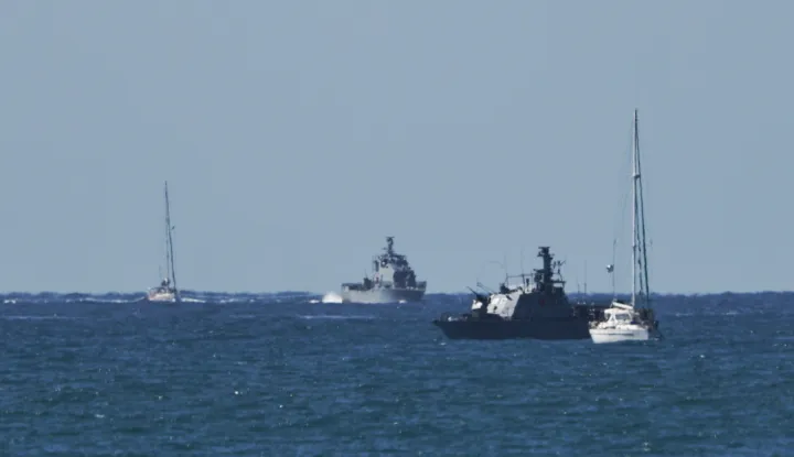 epa12423140 Vessels of the Global Sumud Flotilla arriving at Ashdod port 02 October 2025 after being intercepted whilst carrying aid to Gaza. Israel's Foreign Ministry announced that several vessels that form part of the Global Sumud Flotilla (GSF) had been stopped and that those aboard were being transferred to an Israeli port. EPA/ATEF SAFADI