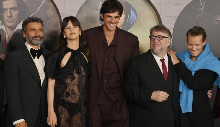 Oscar Isaac, Mia Goth, Jacob Elordi, Guillermo del Toro and Felix Kammerer (L-R) attend the premiere of Netflix's sci-fi horror motion picture "Frankenstein" at the Academy Museum of Motion Pictures in Los Angeles on Monday, October 6, 2025. Storyline: A brilliant but egotistical scientist brings a creature to life in a monstrous experiment that ultimately leads to the undoing of both the creator and his tragic creation. Photo by Jim Ruymen/UPI Photo via Newscom Photo: Jim Ruymen/NEWSCOM
