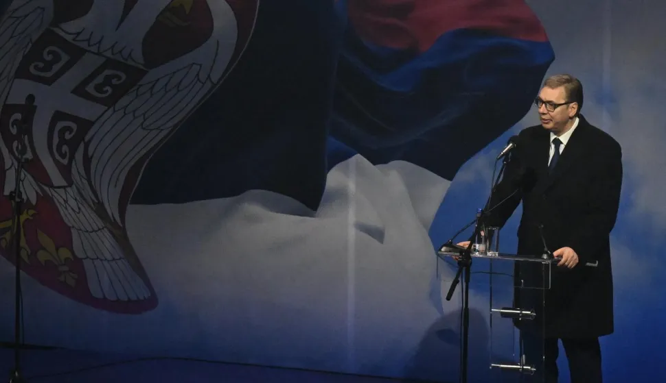 Jagodina, 24.01.2025. - Srbijanski predsjednik Aleksandar Vučić pozvao je u petak na formiranje širokog "narodnog pokreta za budućnost Srbije" ustvrdivši da je Srbija "napadnuta i izvana i iznutra", a tromjesečne prosvjede i studentske blokade nazvao je pokušajima dolaska na vlast "zlouporabom djece". Na fotografiji Aleksandar Vučić.foto HINA/ TANJUG/ STR, fotografija niske rezolucije/ nr/ ml